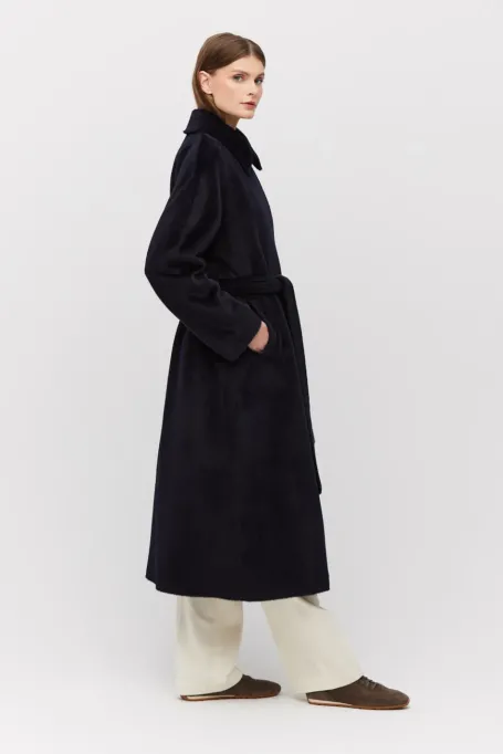 Dunkelblauer Mantel mit Gürtel aus Baby-Suri-Alpaka