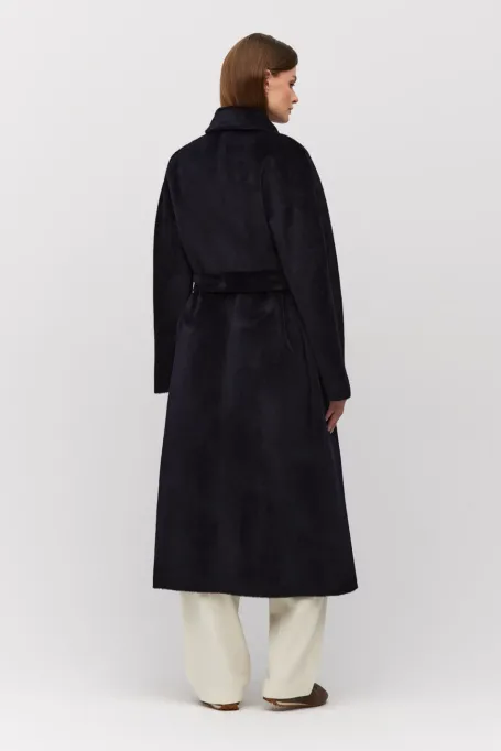 Dunkelblauer Mantel mit Gürtel aus Baby-Suri-Alpaka