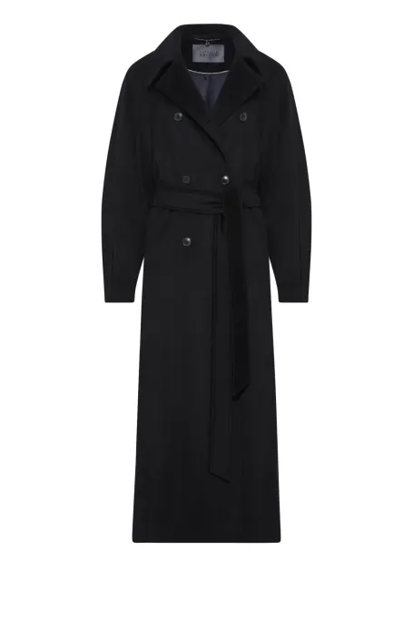 Schwarzer Mantel mit Gürtel und Seiden- sowie Kaschmiranteil