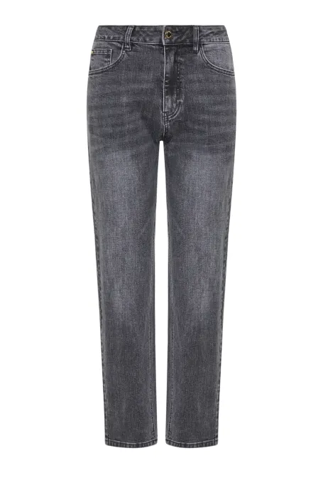 Graue Mom-Fit-Jeans mit hoher Taille