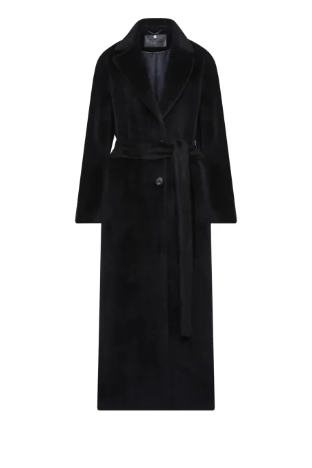 Schwarzer Mantel mit Gürtel aus Suri-Alpaka