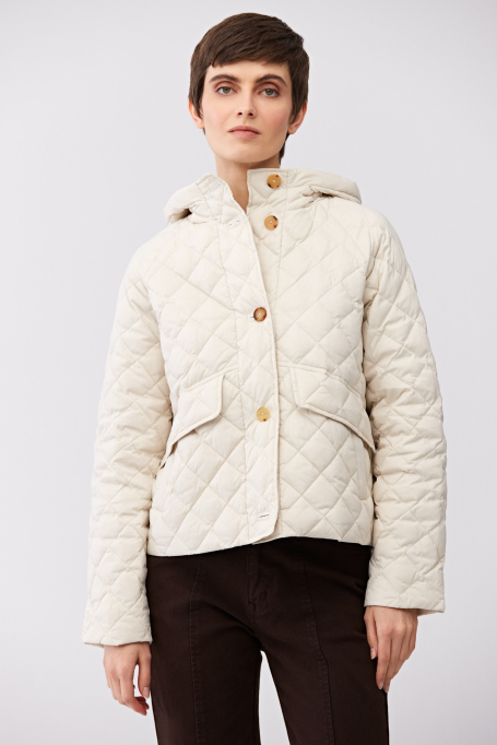 Kurze beige Daunenjacke mit Kapuze