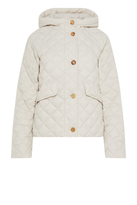 Kurze beige Daunenjacke mit Kapuze