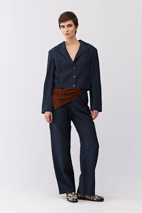 Marineblaues einreihiges Sakko aus Wolle und Leinen