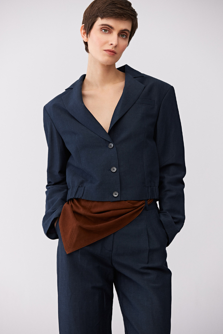 Marineblaues einreihiges Sakko aus Wolle und Leinen