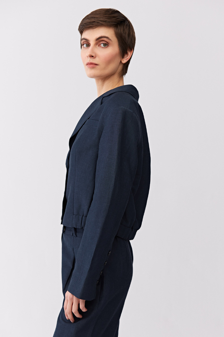 Marineblaues einreihiges Sakko aus Wolle und Leinen Marineblaues einreihiges Sakko aus Wolle und Leinen