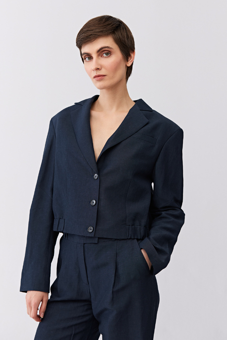 Marineblaues einreihiges Sakko aus Wolle und Leinen Marineblaues einreihiges Sakko aus Wolle und Leinen
