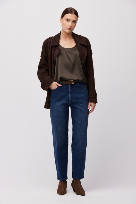 Dunkelblaue Barrel-Jeans mit hohem Bund