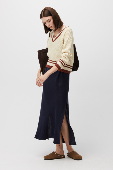 Beiger Pullover mit V-Ausschnitt aus Baumwolle und Leinen