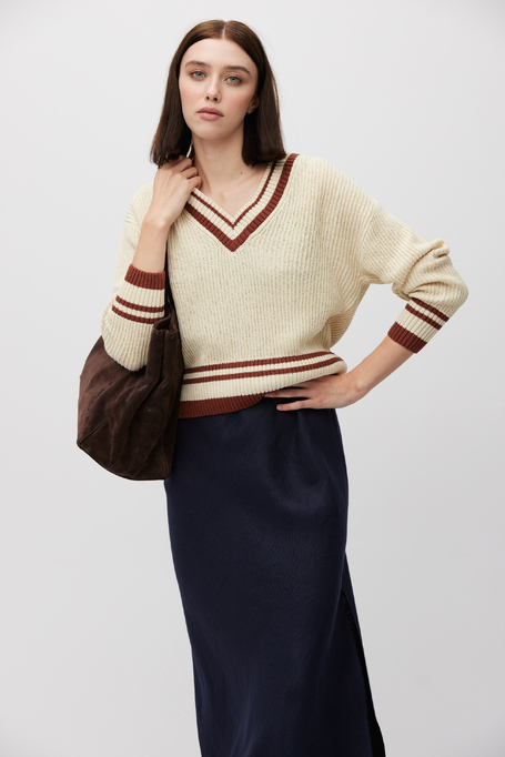 Beiger Pullover mit V-Ausschnitt aus Baumwolle und Leinen