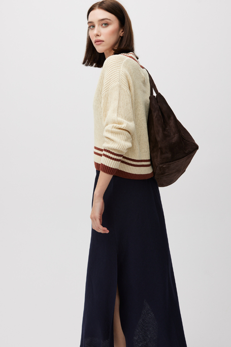 Beiger Pullover mit V-Ausschnitt aus Baumwolle und Leinen