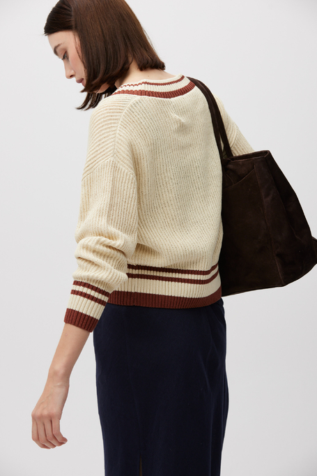 Beiger Pullover mit V-Ausschnitt aus Baumwolle und Leinen