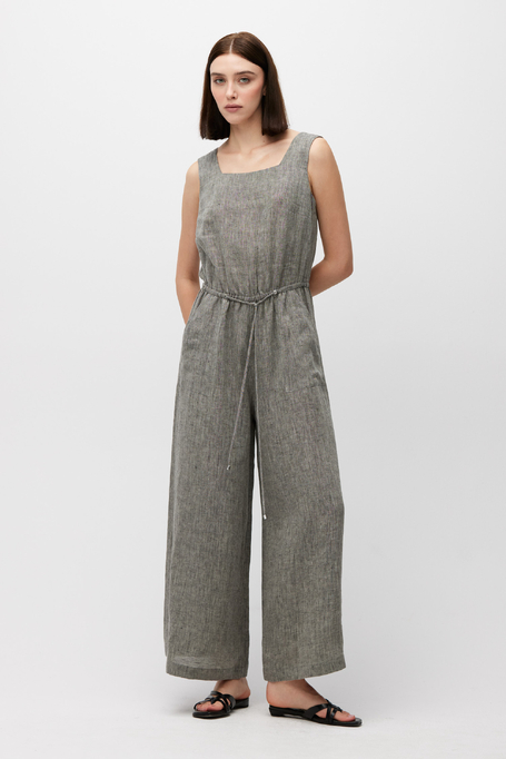 Grauer Leinen-Overall mit weitem Bein