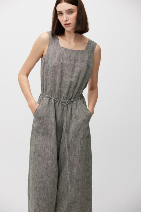 Grauer Leinen-Overall mit weitem Bein