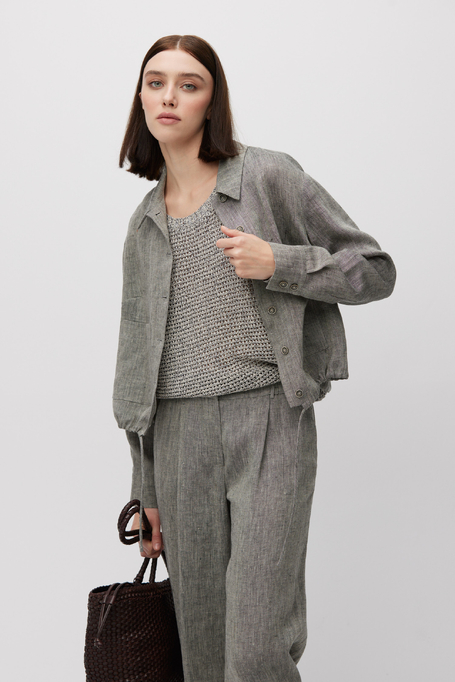 Kurzer grauer Leinenblazer für Anzug