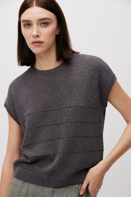 Grauer Kurzarm-Pullover aus Leinen und Lyocell