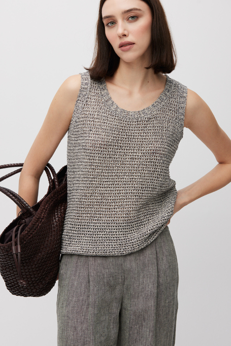 Graues Top mit lockerer Struktur aus Leinen und Baumwolle