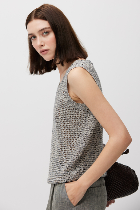 Graues Top mit lockerer Struktur aus Leinen und Baumwolle