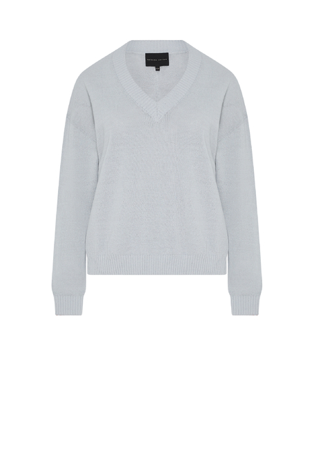 Hellblauer Pullover aus Baumwolle und Leinen mit V-Ausschnitt