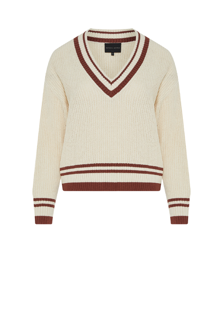 Beiger Pullover mit V-Ausschnitt aus Baumwolle und Leinen