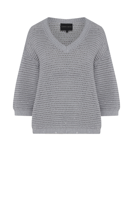 Grauer Pullover mit V-Ausschnitt aus Baumwolle und Leinen