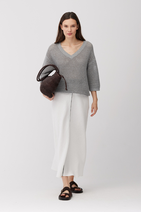 Grauer Pullover mit V-Ausschnitt aus Baumwolle und Leinen