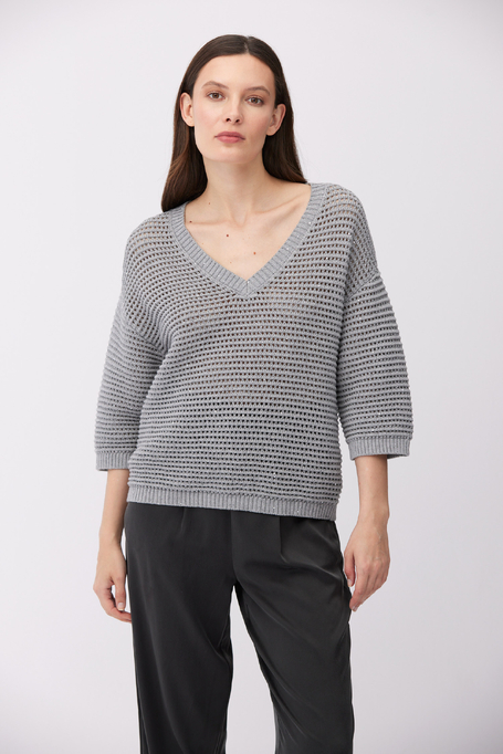Grauer Pullover mit V-Ausschnitt aus Baumwolle und Leinen