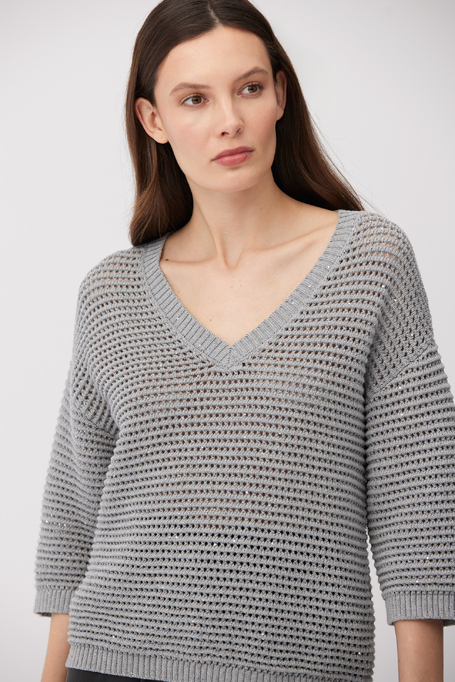 Grauer Pullover mit V-Ausschnitt aus Baumwolle und Leinen
