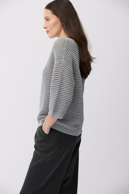 Grauer Pullover mit V-Ausschnitt aus Baumwolle und Leinen
