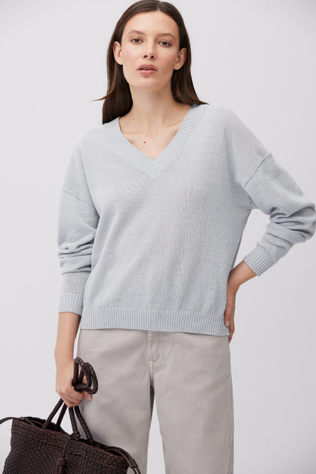 Hellblauer Pullover aus Baumwolle und Leinen mit V-Ausschnitt - Patrizia Aryton