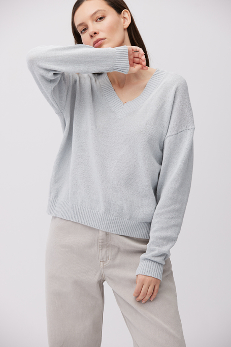 Hellblauer Pullover aus Baumwolle und Leinen mit V-Ausschnitt - Patrizia Aryton