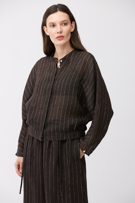 Schokoladenfarbene gestreifte Leinenbluse - Patrizia Aryton