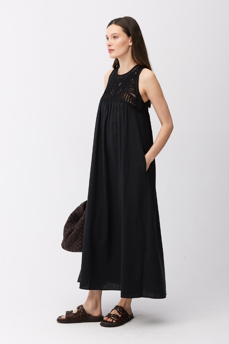 Schwarzes trapezförmiges Kleid mit Leinen - Patrizia Aryton