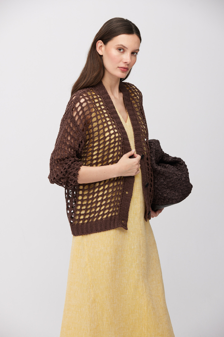 Durchbrochene schokoladenbraune Strickjacke aus Leinen - Patrizia Aryton