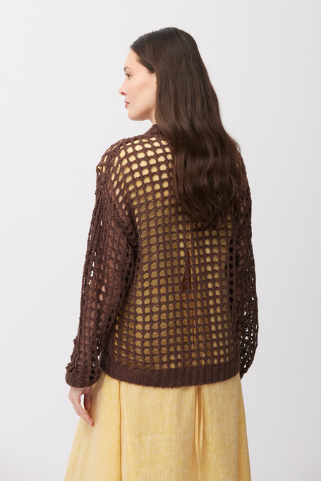 Durchbrochene schokoladenbraune Strickjacke aus Leinen - Patrizia Aryton