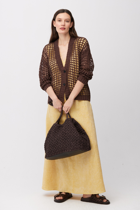 Durchbrochene schokoladenbraune Strickjacke aus Leinen - Patrizia Aryton