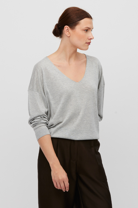 Graue V-Ausschnitt-Bluse aus Lyocell und Kaschmir