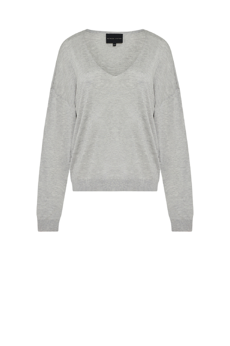 Graue V-Ausschnitt-Bluse aus Lyocell und Kaschmir