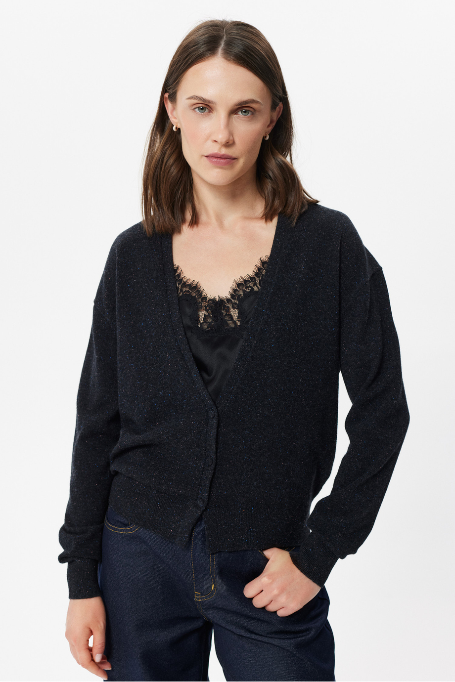 Schwarze Strickjacke mit Wolle und Seide Schwarze Strickjacke mit Wolle und Seide